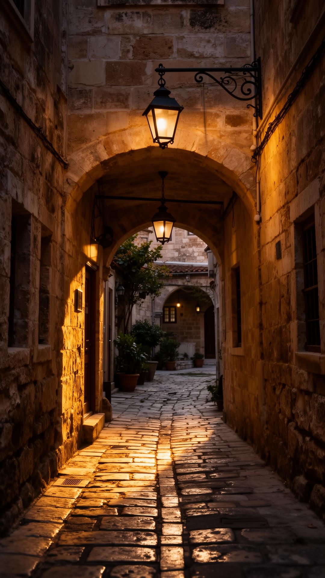 A lantern-lit hidden alley in Kaleiçi at dusk
